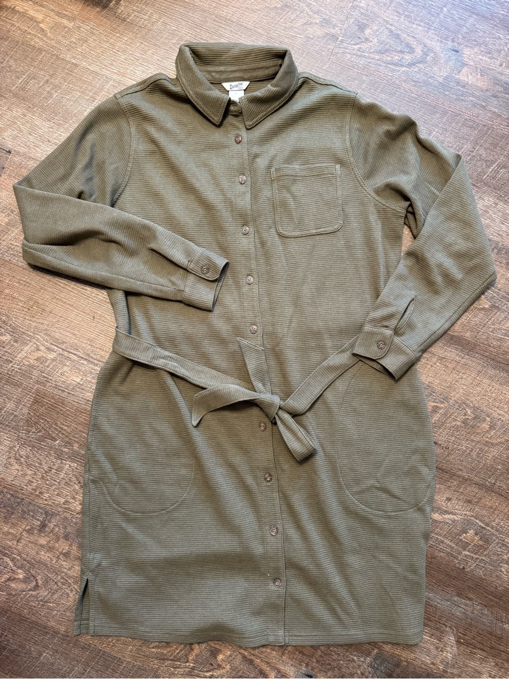 Olive Green Duluth Trading Co Waffle Sweater Shirt Dress Sz L w/Pockets & Belt